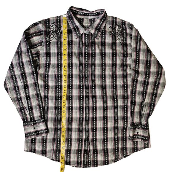 ROCK 47 BY WRANGLER Pink/Black/Grey Plaid Embroidered Western Shirt Size XXL - Picture 6 of 10